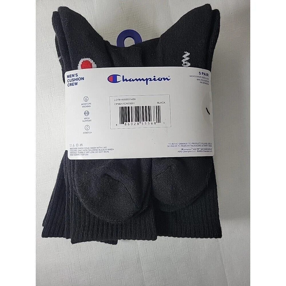 Champion Mens- Crew Black Socks 5 Pair Athleticwear Size 6-12  Cushioned